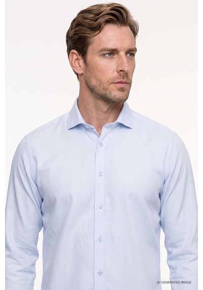 AC&Co / Altınyıldız Classics Erkek Mavi Kolay Ütülenebilir Slim Fit Dar Kesim İtalyan Yaka Armürlü Gömlek Mavi
