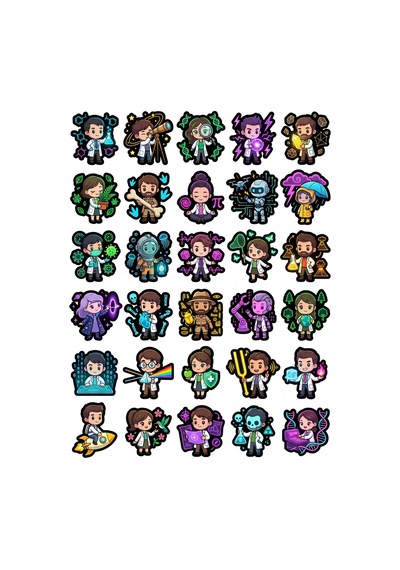 30 Adet Neon Chibi Bilim İnsanı Sticker Seti - Laptop Defter Telefon Valiz İçin Çok Renkli