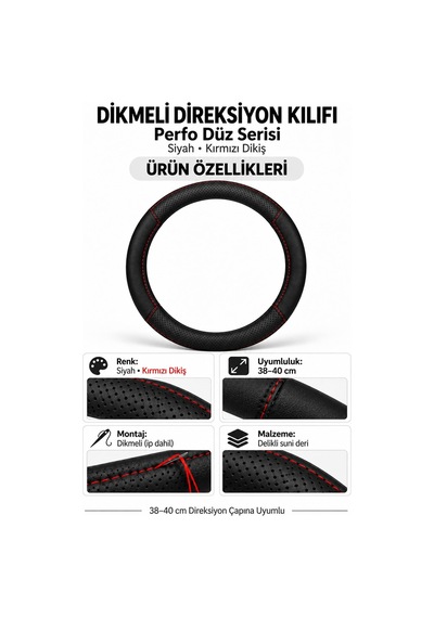 Trobus Audi A6 2019-2025 Uyumlu Dikmeli Direksiyon Kılıfı Perfo Düz Siyah Kırmızı Dikiş Siyah - Kırmızı Dikiş