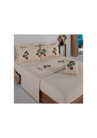 Çiçek Desen 200x220 Pamuk-keten Taş Baskılı Çift Kişilik Nevresim Takımı Krem - 747895135 Krem