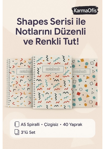 A5 Spiralli Shapes Defter 40 Yaprak 3'lü Tamamı Çizgisiz