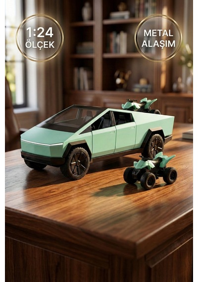 1:24 Cybertruck Metal Diecast Model Araba - Atv Motorlu, Kapıları Açılan Oyuncak Araba Yeşil