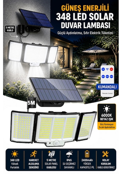 348 Led Solar Duvar Lambası, Güneş Enerjili Dış Mekan Aydınlatma, 5 Metre Kablolu Solar Panel, Hareket Sensörlü, Kumandalı, Ip65 Su Geçirmez Beyaz