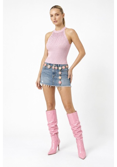 Neden Tekstil Kadın Taşlı Fitilli Halter Yaka Crop Bluz - Açık Pembe