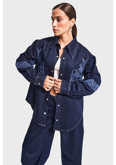 Kadın İndigo Mavi Renk 7w5-50 Oversize Çiçek Nakışlı Özel Tasarım Denim Gömlek Ceket