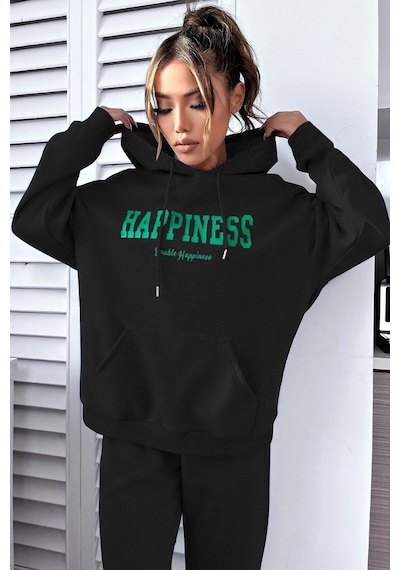 Uyguntarz Unisex Happiness Baskılı Eşofman Takımı Siyah