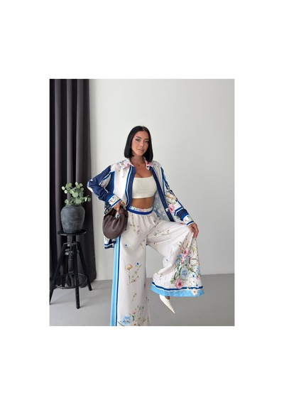 Wellway İthal Chokellaa Kumaş Çiçekli Tunik Gömlek & Pantolon 2li Takım-turkuaz -26126 Turkuaz