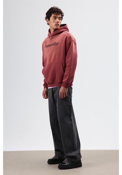 Vamos Oversize Baskılı Yıkamalı Hoodie Bordo