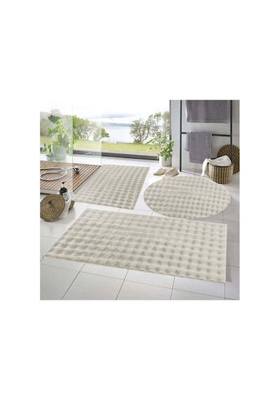 Raschel Carpet Balat Halı 3' Lü Kaymaz Taban Bubble Peluş Banyo Paspası Krem 50x50 Yuvarlak -50x50 Ve 50x70 Bej