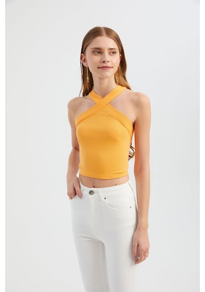 Hiccup Askılı Boyun Çapraz Ön Crop Top Turuncu