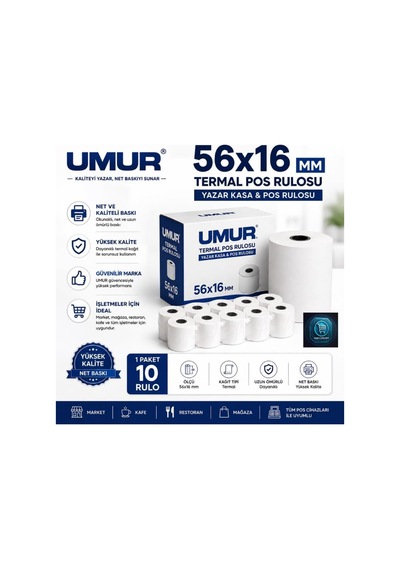 Tr Umur 56x16 Yazarkasa Termal Pos Rulosu Net Baskı Yüksek Kalite 1 Paket - 10 Adet