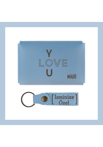 Miaju Açık Mavi, I Love You Motifli, İsme Özel Cüzdan Ve Anahtarlık Set, Arkadaşa Unutulmaz Hatıra Açık Mavi
