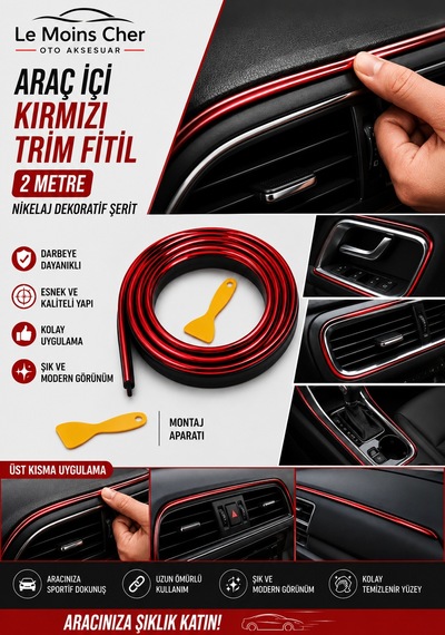 Ferrari Sf90 Spider Araç İçi Kırmızı Trim Fitil 2 Metre Nikelaj Dekoratif Şerit