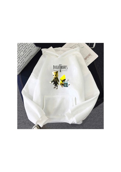 Tarzsokak Beyaz Unisex Küçük Nightmares Hoodie Baskı Cep Streetwear Korku Macera Oyun