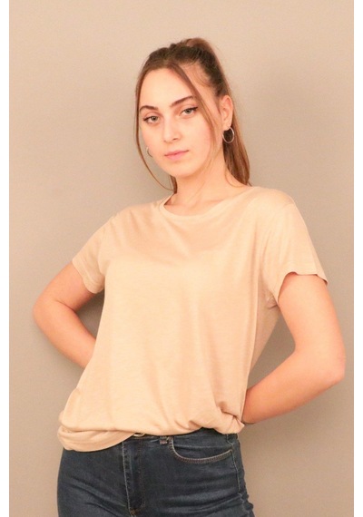 Rich Kadın O Yaka T-shirt %100 Pamuk Tişört Bej