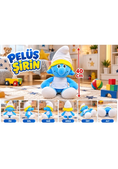 Oyuncak Peluş Şirinler Şirin Baba-şirine-gözlüklü Şirin-gülen Şirin Sevimli Oyun Arkadaşı Hediyelik 40 Cm Mavi - Sarı