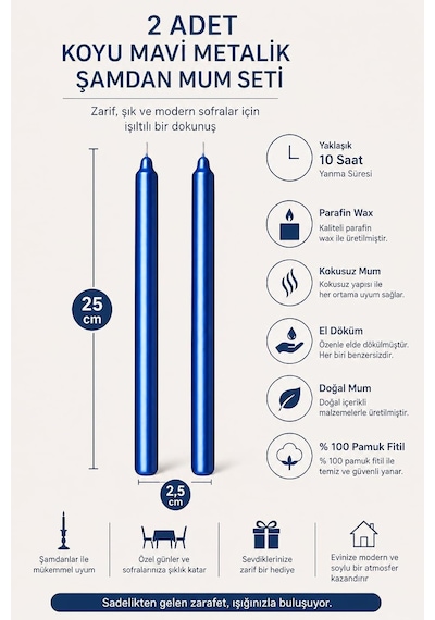 Tr 2'li Koyu Mavi Metalik Şamdan Mum Seti 25 Cm Dekoratif İnce Şamdan Mum, Kokusuz Parafin Wax,%100 Pamuk Fitil, Diğer