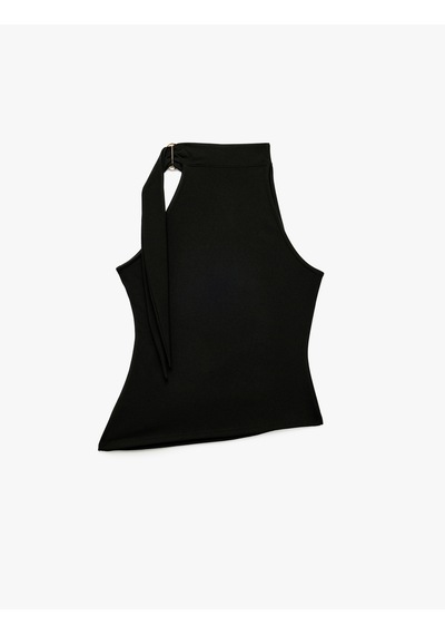 Koton Slim Fit Drapeli Asimetrik Metal Aksesuarlı Dik Yaka Kolsuz Bluz Siyah 7wak10181ek