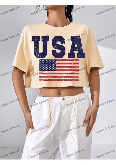 Flood Of Style Crop Ckod-232913 Americana Bayrağı Baskılı Damla Omuz Kısa Turuncu