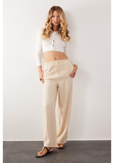 Tudors Kadın Regular Fit Klasik Kesim Pamuklu Geniş Paça Bej Pantolon-39524 Bej