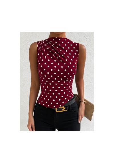 Wild Flower Puantiye Desenli Bisiklet Yaka Drapeli Esnek Kumaş Kadın Bluz Bordo