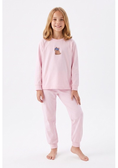 Bunny Hopp Kız Çocuk Uzun Kollu Pijama Takımı %100 Pamuk Pembe Kedi Desenli Penye