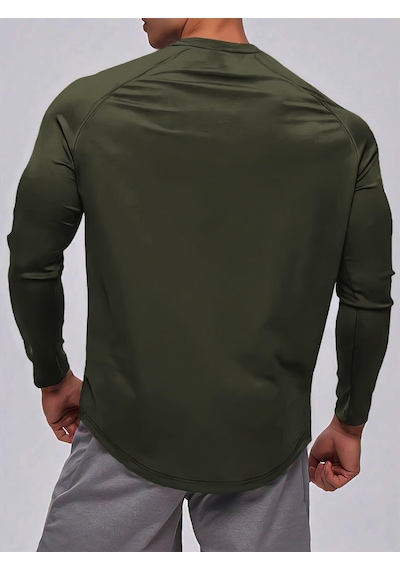 Ghassy Co. Erkek Running Sports Reglan Oval Kesim Uzun Kollu Pamuklu Penye T-shirt Haki