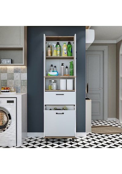 Çamaşır Sepetli Banyo Dolabı, Çok Amaçlı Dolap 60 X 200, Roomart Atlantik Çam - Beyaz Çamaşır Sepetli Banyo Dolabı, Çok Amaçlı Dolap 60 X 200, Roomart Atlantik Çam - Beyaz
