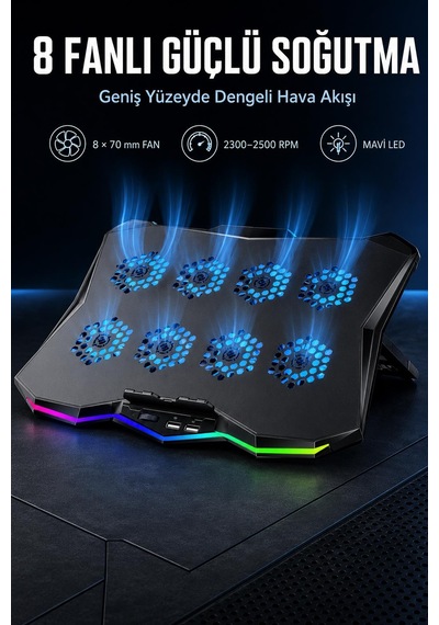 Uptech Rgb Laptop Soğutucu 8 Fanlı Ayarlanabilir Standlı Notebook Soğutucu