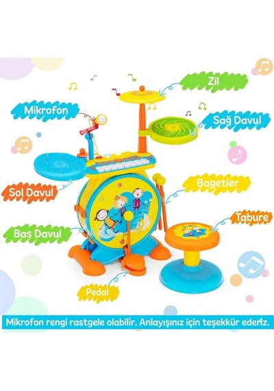 Işıklı Piyanolu Bateri Seti - Mikrofonlu, Tabureli Ve Mp3 Bağlantılı Çocuk Müzik Eğitim Seti