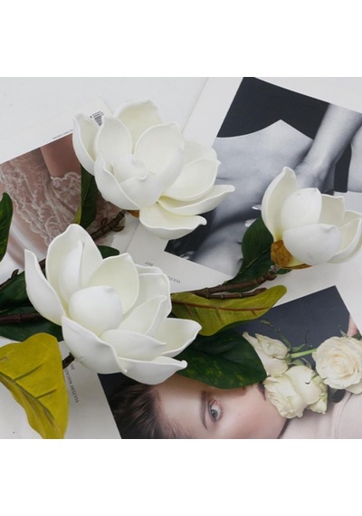 Yapay Çiçek Lüx Manolya Gerçek Dokulu Letex Eva Magnolia Gelin Çiçeği 40cm Beyaz