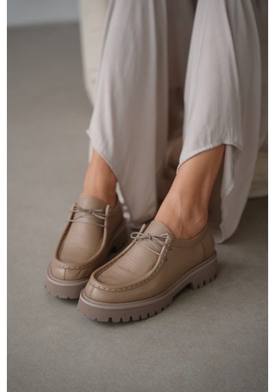 Orsel Hakiki Deri Bağcıklı Kadın Loafer- Vizon