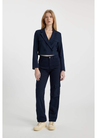 DeFacto Coool Straight Fit Gabardin Pantolon Kargo Cepli Yüksek Bel B0458AX23AUNV28 Lacivert