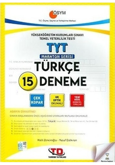 Tandem Yayınları Ösym Tadında Tyt Türkçe 15 Deneme Maraton Serisi