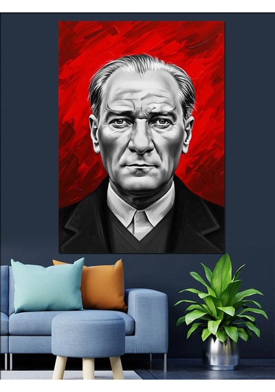 Kırmızı Arkaplan Atatürk Portresi Dekoratif Kanvas - Mdf Ahşap Tablo