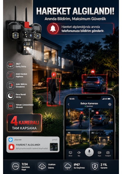 4 Kameralı 12mp Wifi Adaptörlü Gece Görüşlü Hareket Bildirimi Gönderen Güvenlik Kamerası