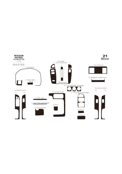 Nissan Patrol Torpido Kaplama 1998-2000 21 Parça Koyu Meşe
