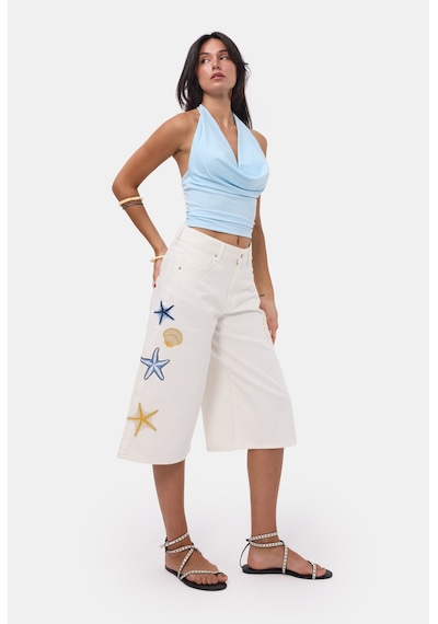 Itsbasic Kadın Kırık Beyaz 7s6-101 Palazzo Nakış Tasarım Bermuda Denim Jort