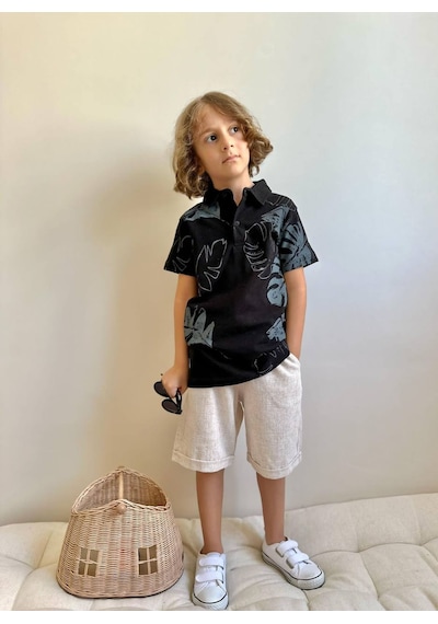 Jolly Kids Erkek Çocuk Polo Yakalı Keten Şortlu Takım Siyah