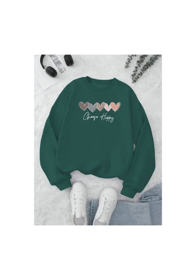 Medinenur Choose Happy Baskılı Kapüşonlu Sweatshirt Yeşil