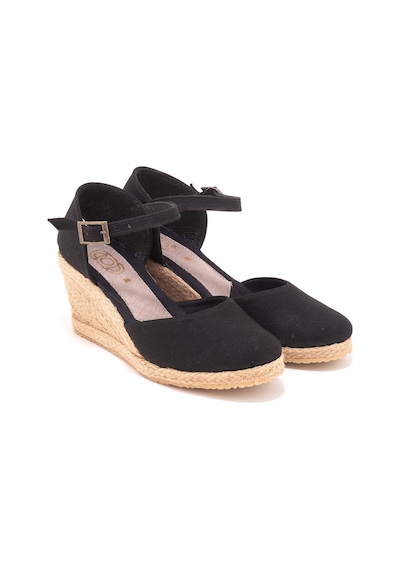 Gerçek Elişi Bilekten Bantlı Topuğu Açık Keten Espadril Dolgu Topuk Handmade Siyah