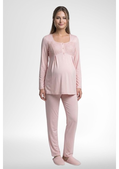 Mecit Pijama Mecit 6402 Elegant Pudra Pembe Dantel Pelerinli Lohusa Pijama Takımı