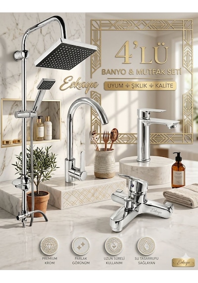 Eshome 4 Lü Banyo Duş Seti Robot Batarya Lavabo Musluk Krom Parlak Modern Banyo Seti