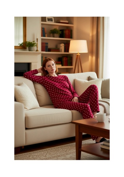 Ersefa Kadın Puantiye Ve Kalp Baskılı Örme Pijama Takımı Fonksiyonel Day bordo
