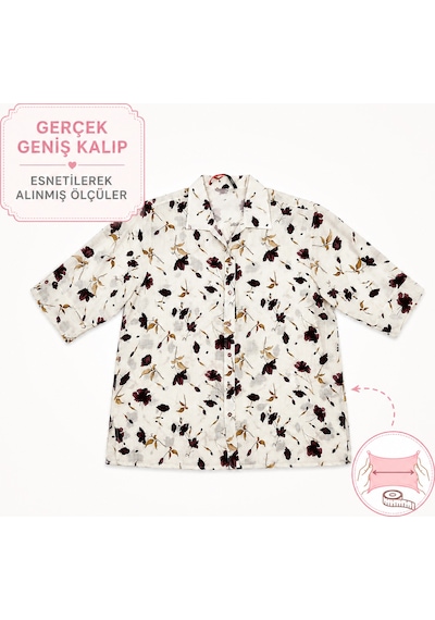 Büyük Beden Çiçek Desenli Kısa Kol Tencel Gömlek Bordo
