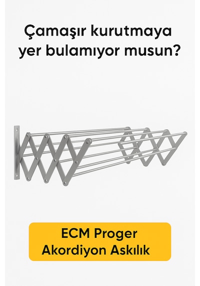 Ecm Proger Akordiyon Katlanabilir Çamaşır Kurutma Askısı - 70 Cm Genişlik 9 Çubuklu Model Açık Gri