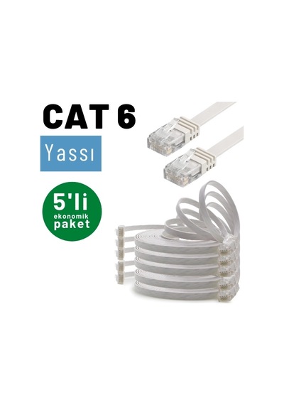 5 adet IRENIS CAT6 Kablo Yassı Ethernet Ağ Kablosu 1 mt Beyaz