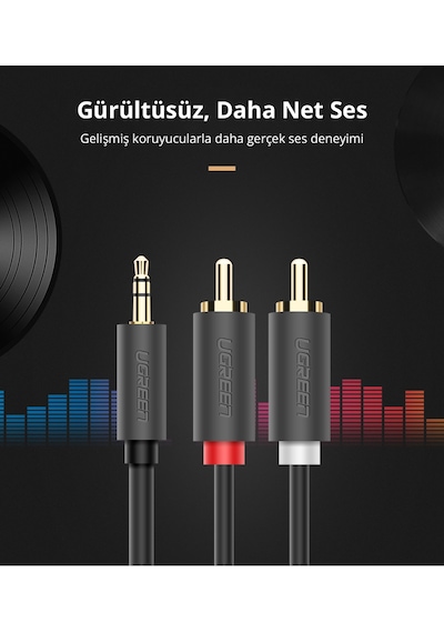 Ugreen 3.5 Mm Jack Girişi Aux To 2 Rca Ses Aktarma Kablosu 10 Metre, 10514