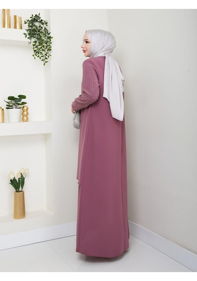 Eslemnur Kolları Taşlı Büyük Beden Anne Elbisesi Pembe