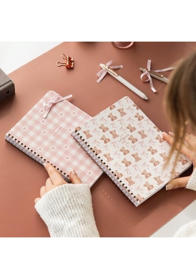 A5 Spiralli Karton Kapak 2 Li Set Kareli Okul Defteri 80 Yaprak, Ders Programlı Ayıcık Açık Gri